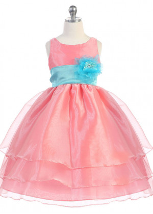 Two-tone Organza Tea Length Tiered Flower Girl Dress